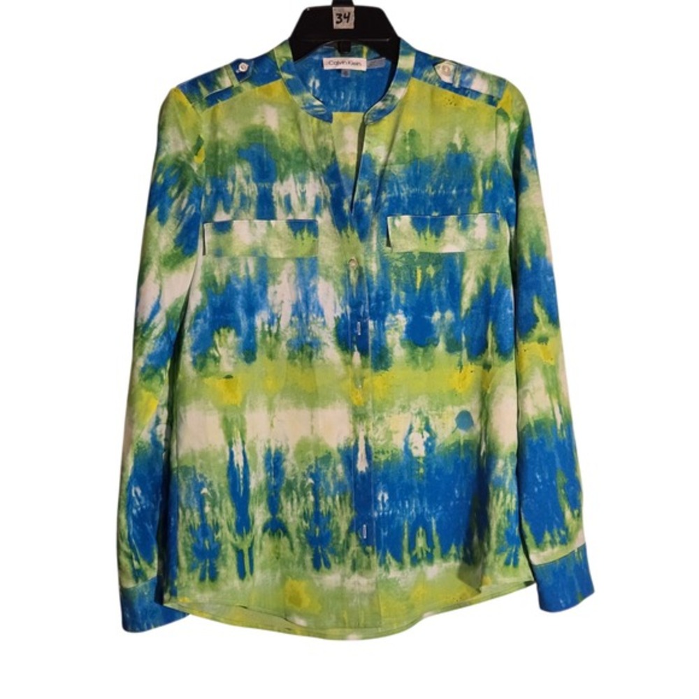 Calvin Klein Womens XS Blue Green Watercolor Abstract Button Down Blouse Top‎